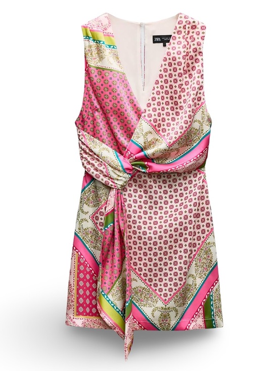 Zara Dresses & Skirts - Zara Pink Multicolor patchwork, print dress satin V-neck